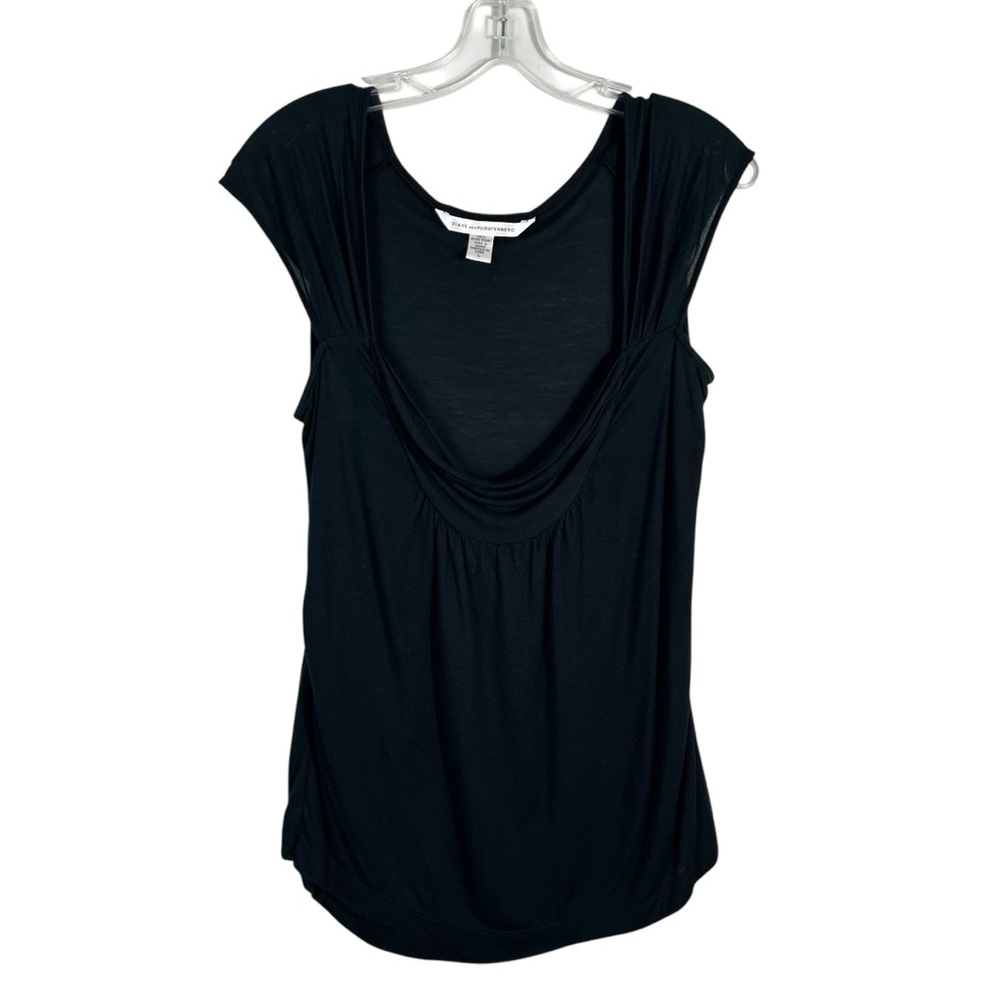 Diane Von Furstenburg DVF Black Y2K Cap Sleeve Drape Neck Ruched Body Blouse L
